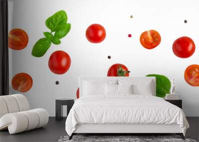 Cherry tomatoes with basil leaves cut out on transparent background Wall mural