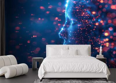 Digital holographic Human head silhouette on blue bokeh background Wall mural