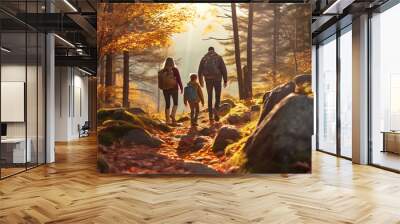 Faceless family walking hike through colorful autumn forest. Rear view of parents and child walking on trail Wall mural