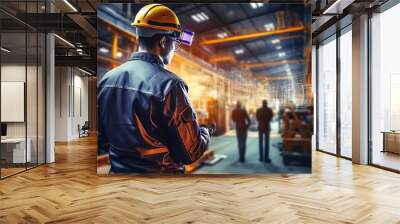 Factory Engineer Using Laptop Computer. Industrial Automated Assembly Plant. Wall mural