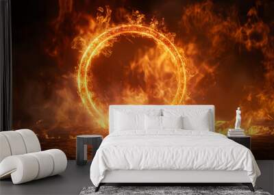 Flaming fire ring frame with smoke on dark background Wall mural