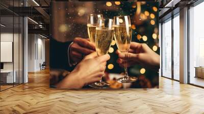 Happy friends having fun and toasting sparkling wine glasses close-up against golden bokeh lights background. Christmas celebration Wall mural