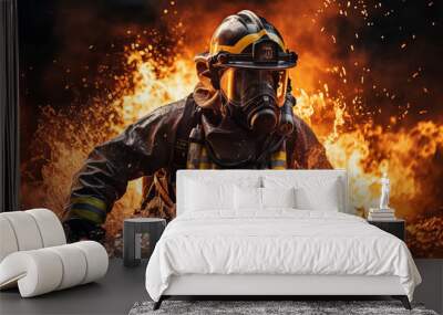 Heroic firefighter works in fire flame and water spray. Generative AI illustration Wall mural