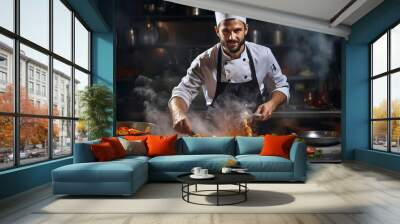 Male chef preparing vegetable vegetarian dish at a professional kitchen.  Wall mural