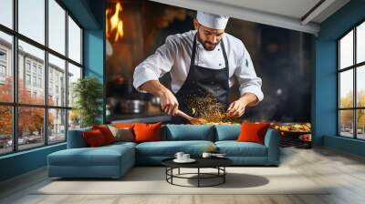 Male chef preparing vegetable vegetarian dish at a professional kitchen. Wall mural