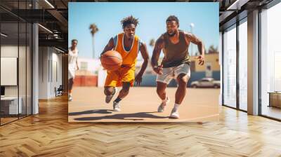 Two African American street basketball players having training outdoor. Wall mural