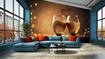 Two champagne glasses and heart on golden bokeh romantic background. Generative AI illustration Wall mural