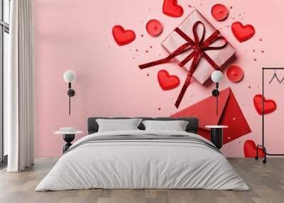 Valentines day background. Red envelope, Gift box and hearts on pink background. Romantic concept Wall mural