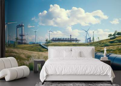 Windmills for electric power and hydrogen production plant. Renewable energy source Wall mural