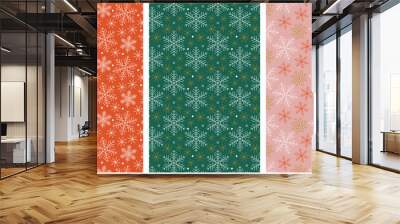 Christmas snowflakes seamless pattern set. White red and golden snowflakes on red pink and green background. Beautiful modern winter holiday design. Vector illustration. Wall mural