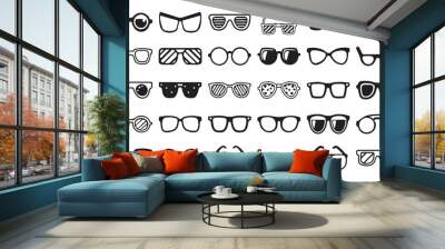 Sunglasses icon set. Black silhouette of black cartoon sunglasses isolated on white background. Vector illustration.  Wall mural