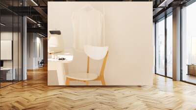 Workplace for sewing and needlework in a bright room with white furniture. Wall mural