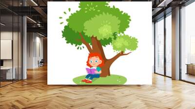 cute happy kid girl read under the tree Wall mural