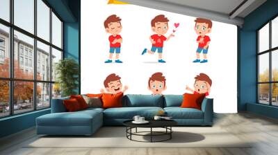 cute little kid boy in various expressions and gesture set Wall mural