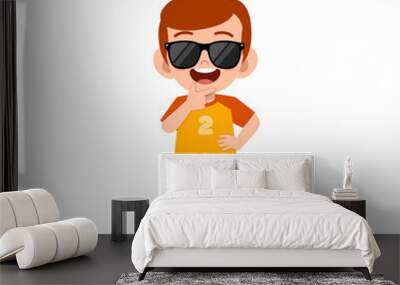 cute little kid boy show cool and wearing black glasses pose expression Wall mural