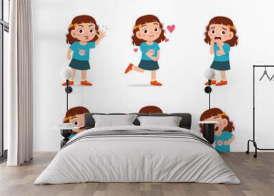 cute little kid girl in various expressions and gesture set Wall mural