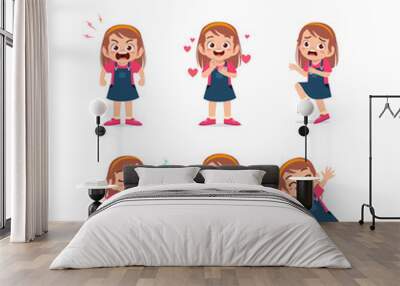 cute little kid girl in various expressions and gesture set Wall mural