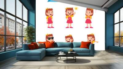 cute little kid girl in various expressions and gesture set Wall mural