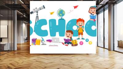 happy cute kid boy and girl on school poster Wall mural