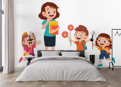 happy cute kid give flower to teacher Wall mural