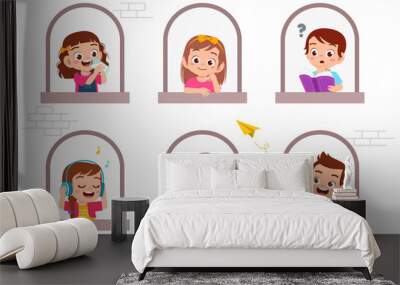 happy cute kid study on window set Wall mural