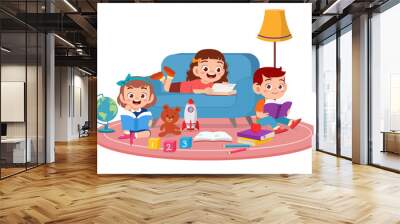 happy cute kids boy and girl study read together Wall mural