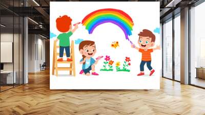 happy cute little kid boy and girl draw with paint on wall together Wall mural