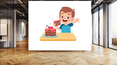 happy cute little kid boy and girl eat a birthday cake Wall mural