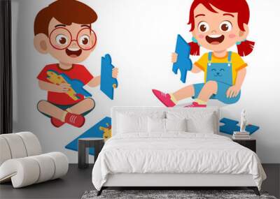 happy cute little kid boy and girl play jigsaw puzzle Wall mural