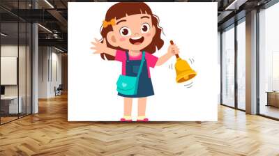 happy cute little kid boy and girl with teacher ring a bell Wall mural