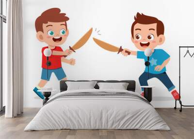 happy cute little kid boy play wooden sword Wall mural