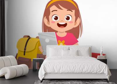 happy cute little kid boy study using tablet Wall mural