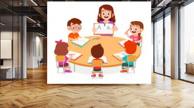 happy cute little kids boy and girl study with teacher Wall mural