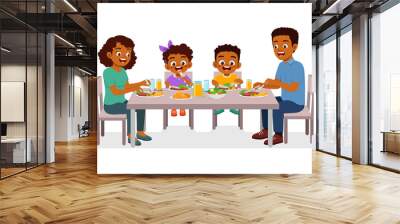 happy family eating meat steak together Wall mural