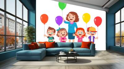 kids boy and girl holding balloon with teacher Wall mural