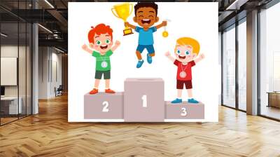 little kid win game and holding trophy Wall mural