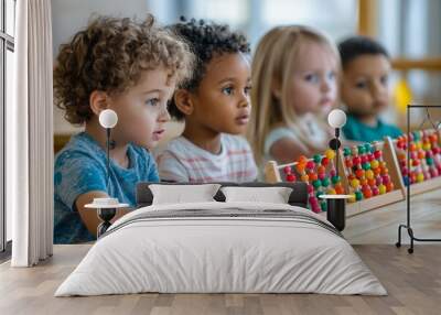 children of different races sit together at the table and count on the abacus, Generative AI Wall mural