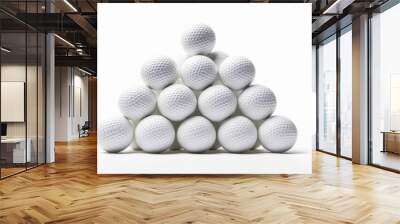 Pyramid of white golf bals with single white golf ball in front over white background, Generative AI Wall mural