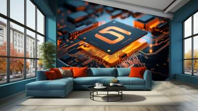 Wireless Technology Concept with 5G symbol on a Microchip. Orange Neon Data flows between the CPU and the User across a Futuristic Motherboard. 3D, Generative AI Wall mural