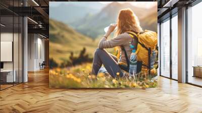 Woman tourist with backpack drinking water, resting with water bottle during hike, sitting with beautiful view in mountains, Generative AI Wall mural