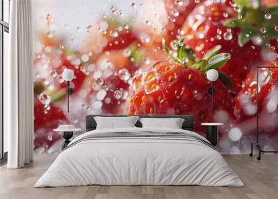 Juicy strawberries on a clean white background, with droplets of dripping strawberry juice. High quality photo showing freshness and juiciness of fruit and water drops Wall mural