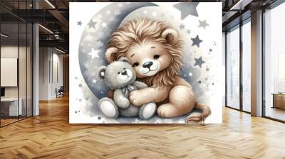 watercolor illustration of cute baby lion holding a toy moon stars for baby nursery kids room children' s room decor Wall mural