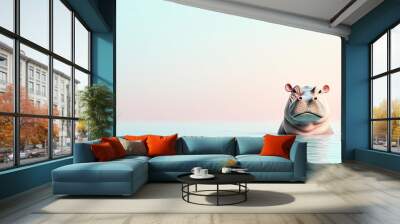 A cute cartoon hippopotamus in the water, with a gradient background. Wall mural