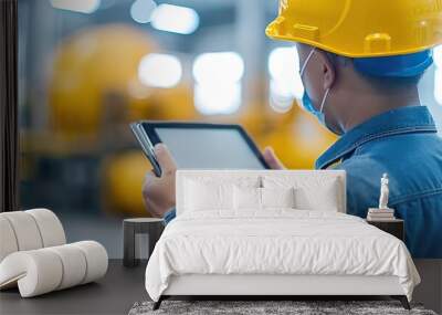 Back view of a construction worker wearing a face mask and hard hat, using a digital tablet. Wall mural