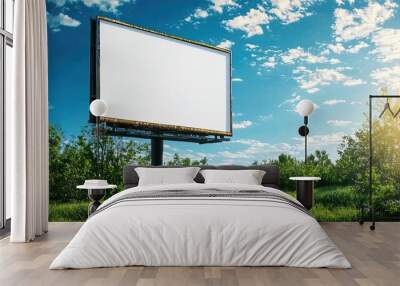 Billboard mockup showcasing a blank large outdoor advertisement panel against a sky background.. Wall mural