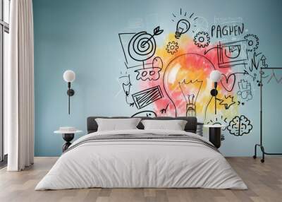 Creative light bulb illustration with abstract doodles and colorful highlights. Wall mural