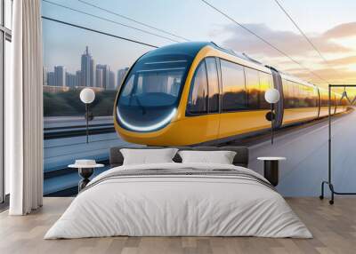 Modern yellow train traveling on tracks with city skyline in background. Wall mural