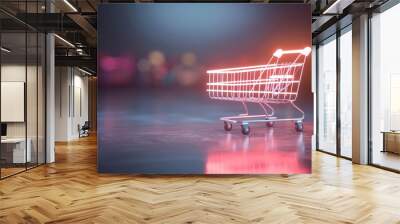 Neon glowing shopping cart on dark background Wall mural