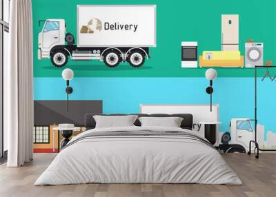 Loaders are sofa in a truck for the move. Furniture awaiting loading. Transportation and Logistics. Vector illustration Wall mural