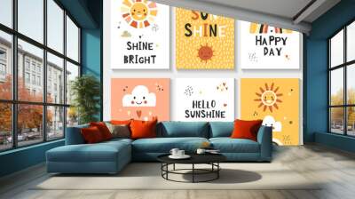 Childish nursery prints with sun, rainbow and clouds. Vector poster design. Wall mural